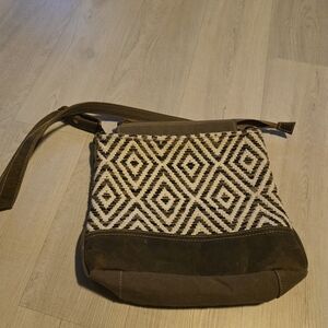 Maya Olive Green Brown and Cream Geometric Pattern Shoulder Bag